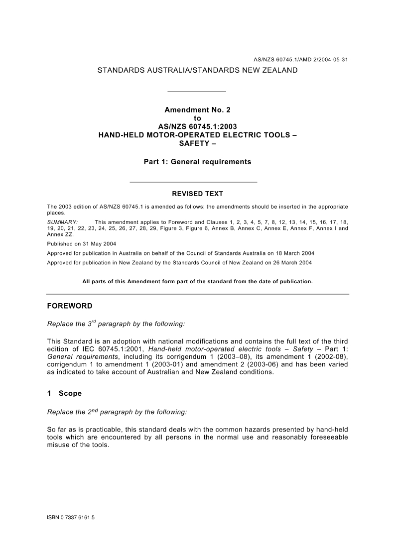 AS/NZS 60745.1:2003 AMDT 2